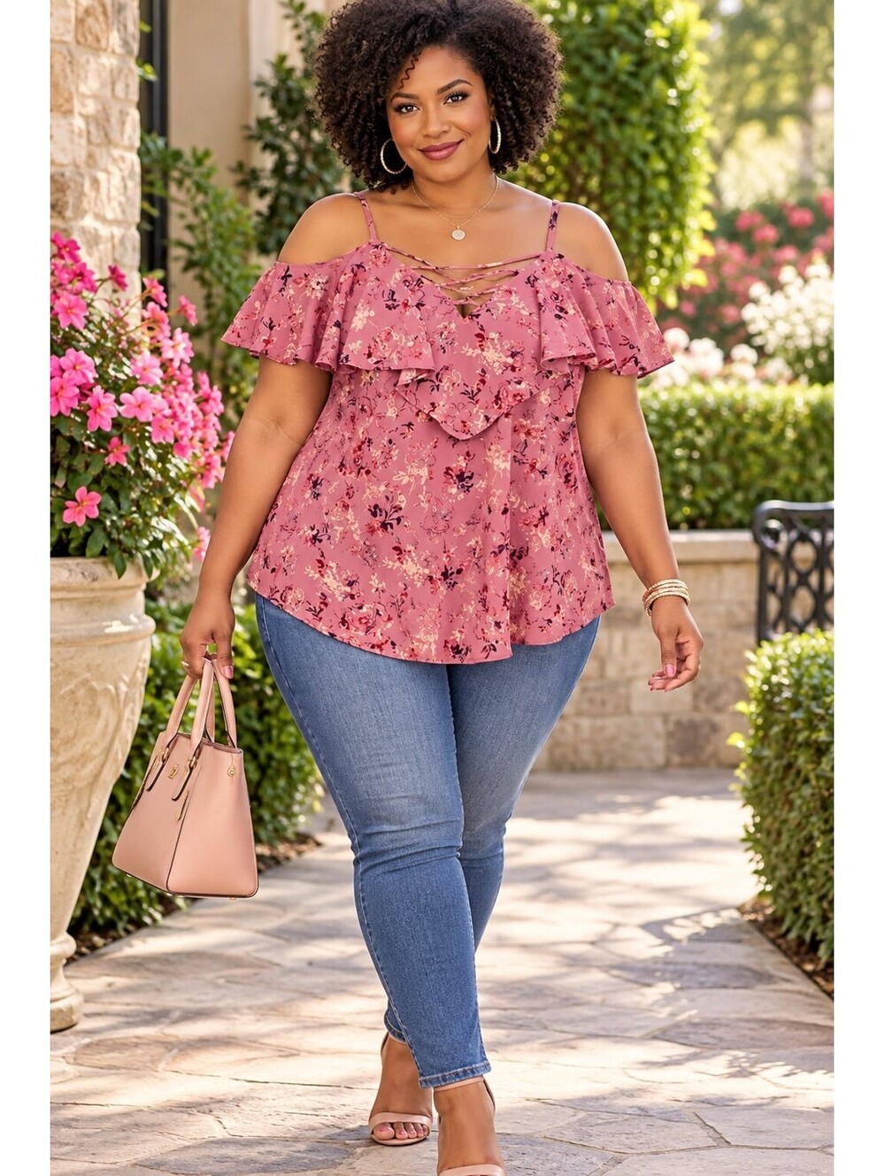 Torrid Women's Dusty Rose Georgette Floral Lace-Up Cold Shoulder Blouse, 3X